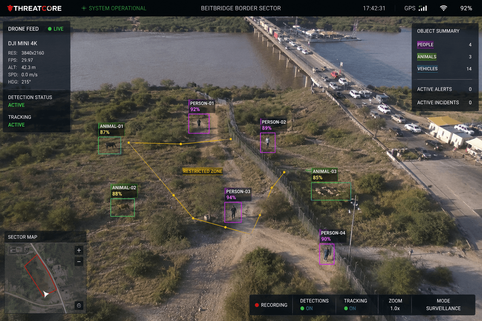 Illustrative ThreatCore Aerial AI concept showing a drone view of a monitored transport corridor