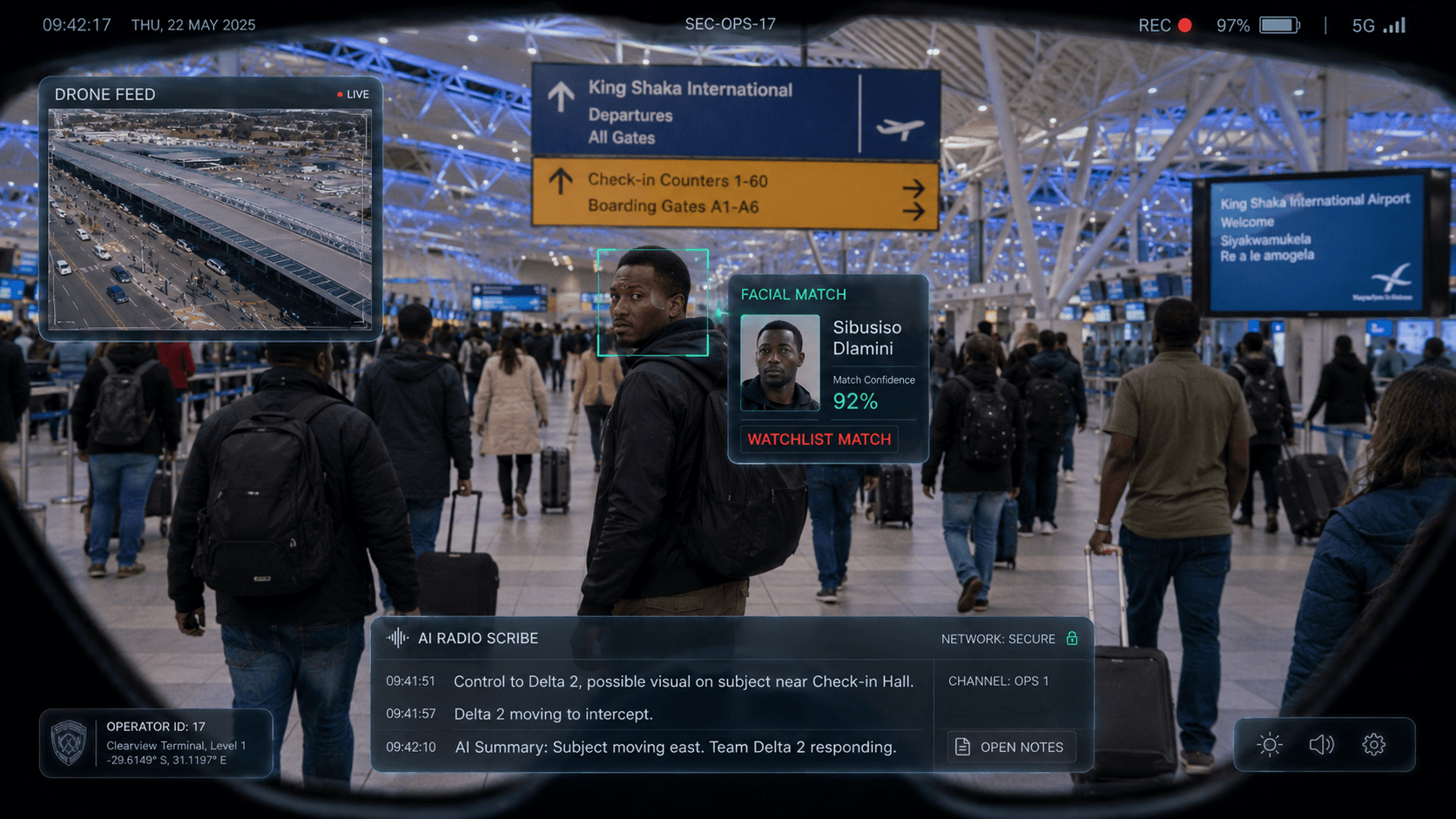 Illustrative ThreatCore augmented-reality visor concept in a transport concourse